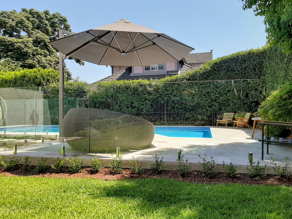 Outdoor pool umbrella in Wahroonga.
This is the first of the New 3.5m Serenity model we have installed. Very popular Charcoal Tweed canopy.
Very happy customer.